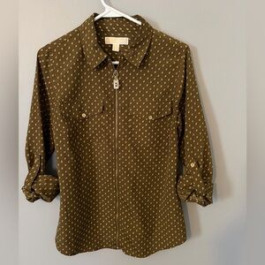 Michael Kors Brown and Gold Patterned Shirt Front Zip